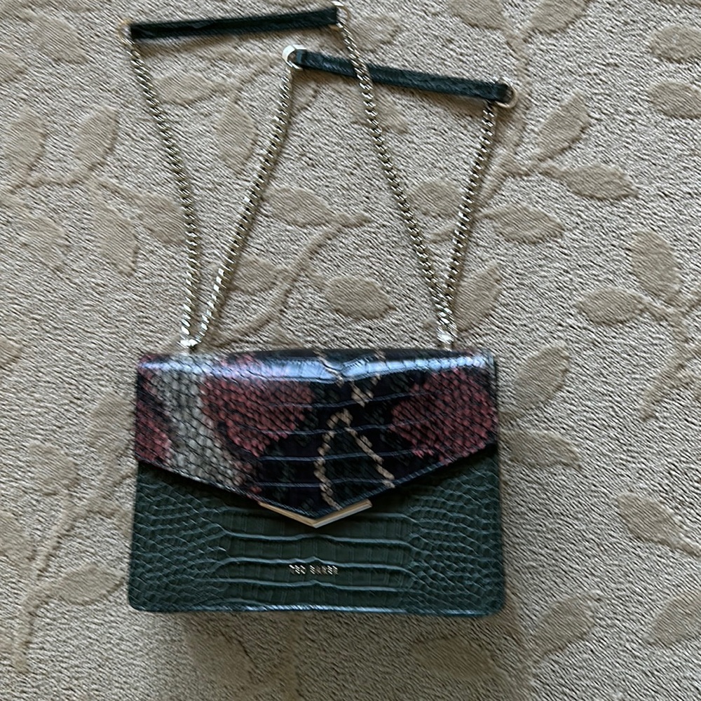 Ted Baker London Green Croc-Embossed Shoulder Bag with Pink Snake-Print Flap